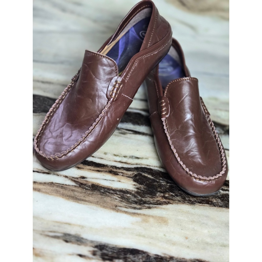 Mens Brown Leather Driving Loafers Slip On Moc Toe Size 10 M Minimalist Preppy